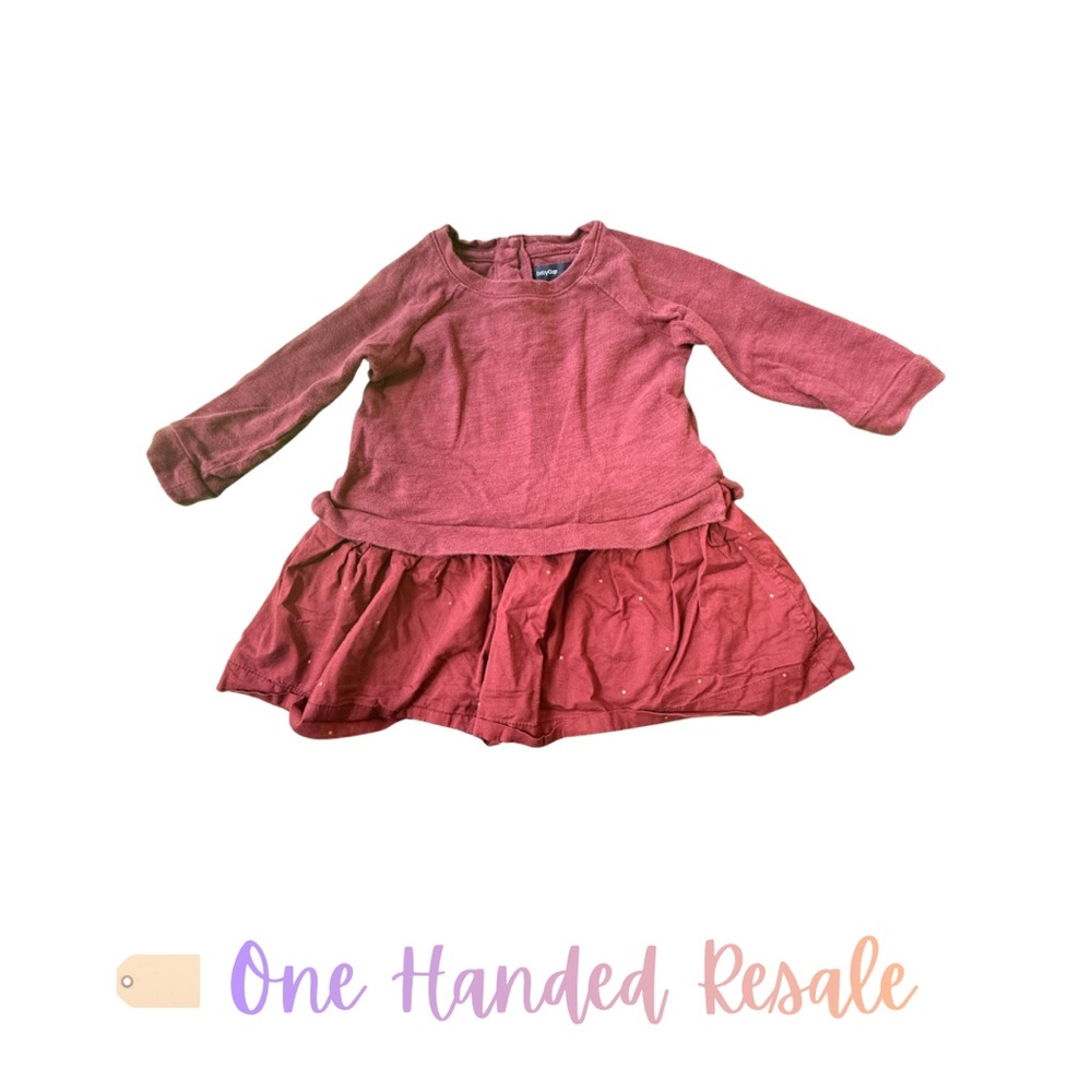 ✨ GAP Kids Dark Red Casual Dress Skirted Long Sleeve Gold Polka Dot Girls 18-24M